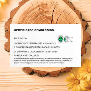 certificado de garantia de Pendientes de oro blanco 18k con esmeralda y cerco de diamantes
