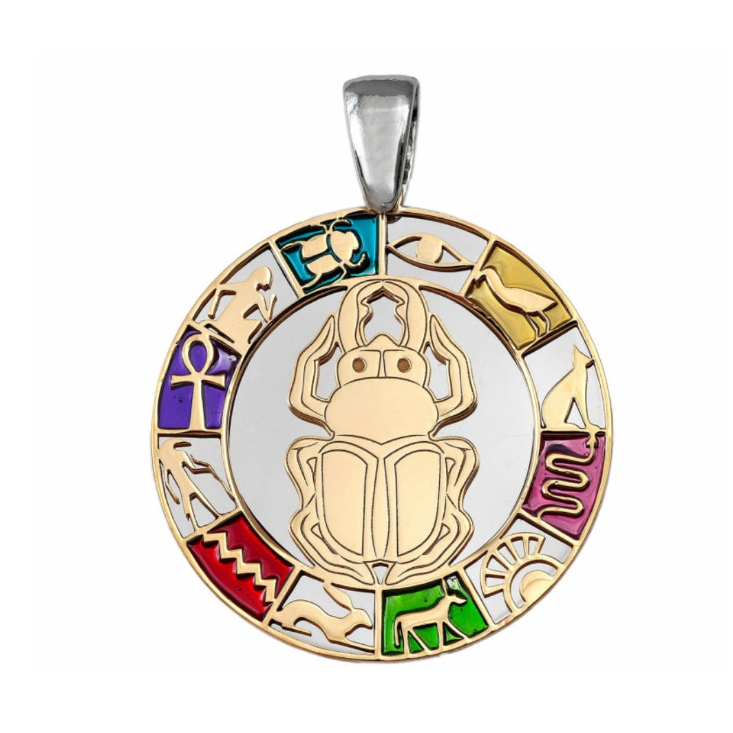 Colgante escarabajo egipcio de plata de ley 925 con baño de oro y esmalte de colores, 30 mm de diámetro