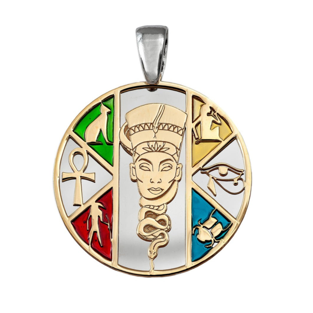 Colgante Nefertiti de plata de ley 925 con baño de oro y esmalte de colores, 30 mm de diámetro