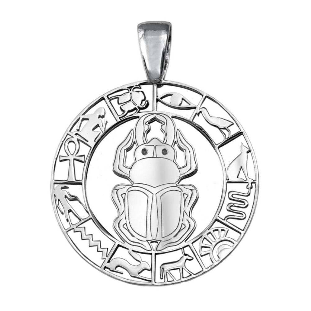 Colgante de plata de ley 925 con escarabajo egipcio y cerco de jeroglíficos calados, 30 mm de diámetro
