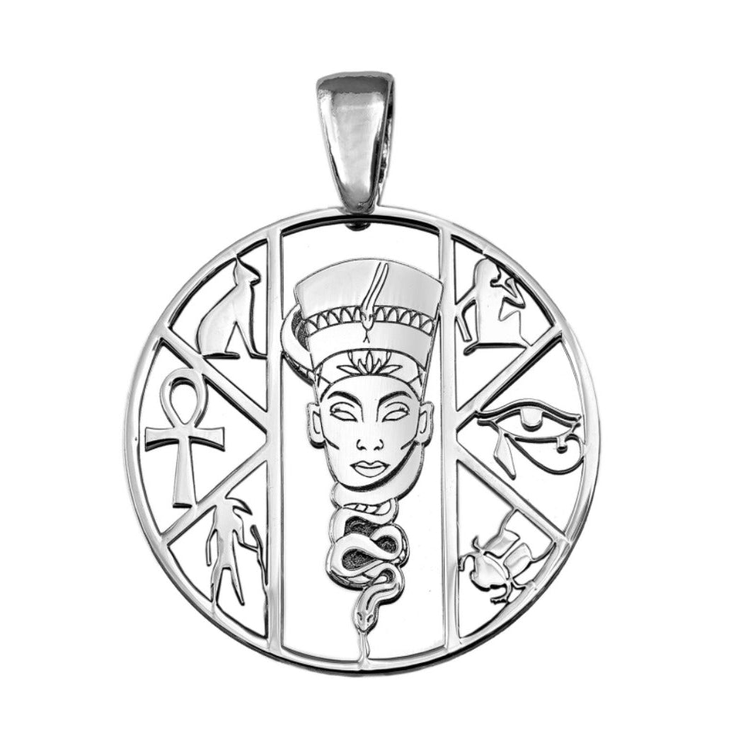 Colgante de plata de ley 925 de 30 mm de diámetro con Nefertiti y jeroglíficos egipcios calados, cruz ankh y ojo de Horus