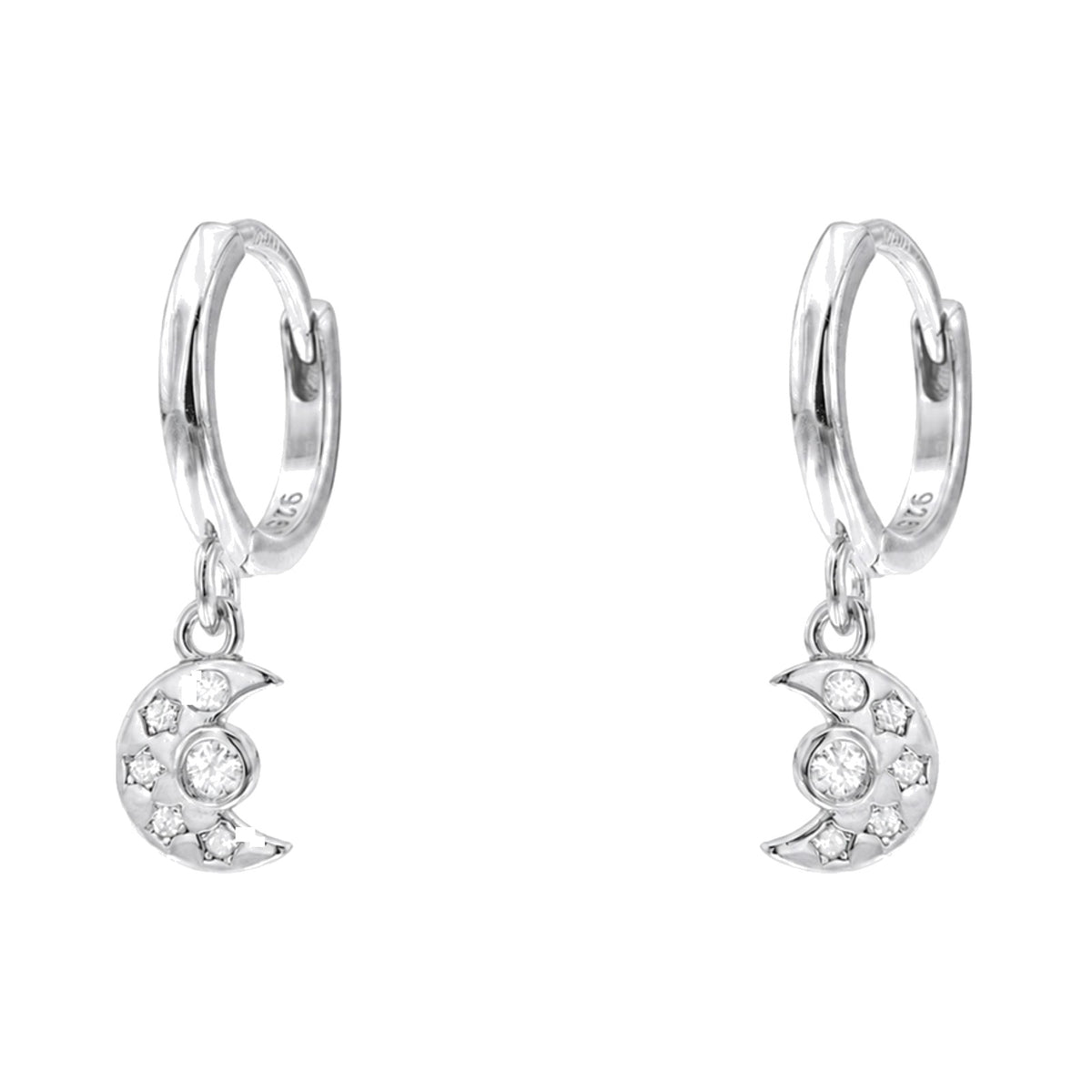 Criollas lisas de plata de ley 925 con una luna de circonitas colgando, aro de 8 mm