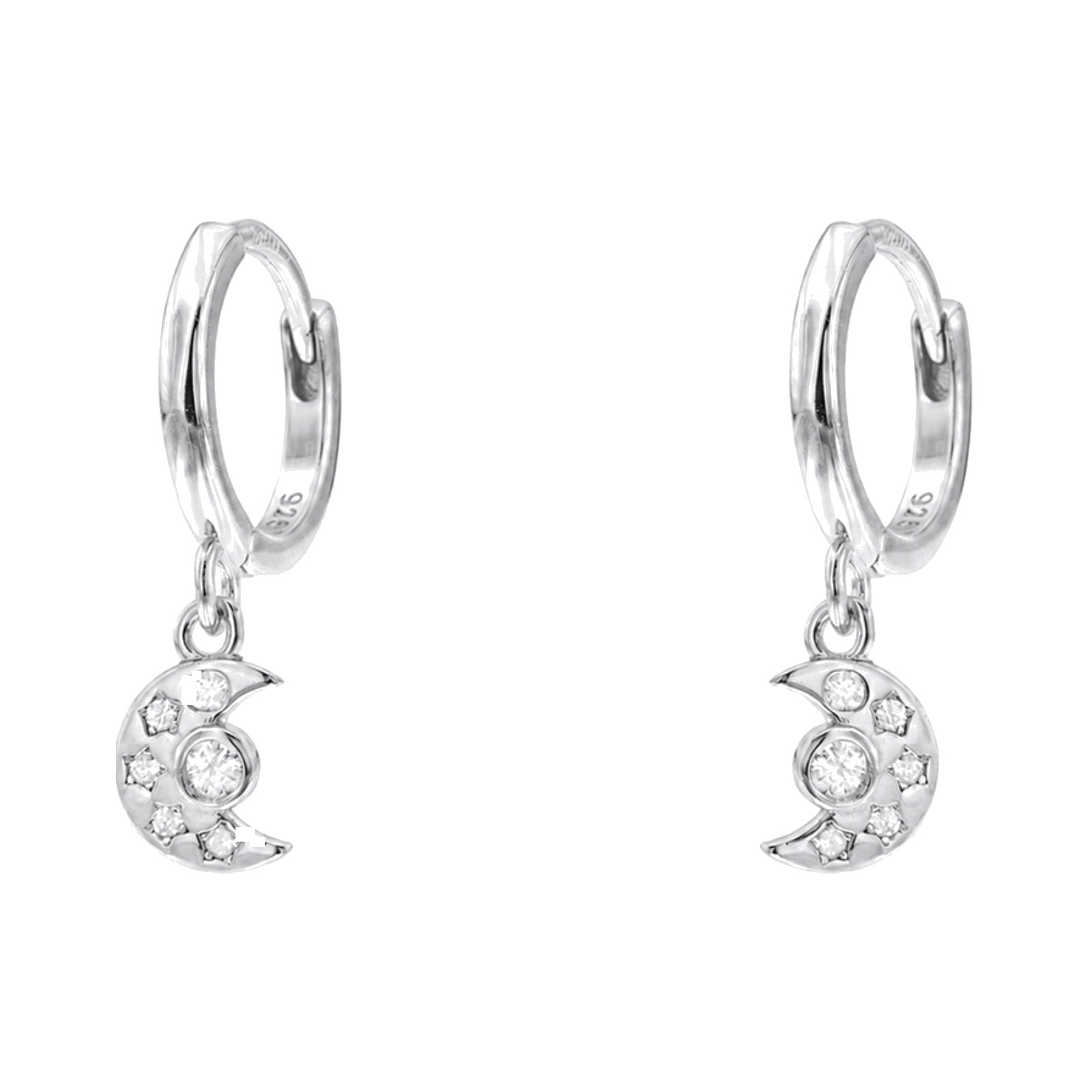 Criollas lisas de plata de ley 925 con una luna de circonitas colgando, aro de 8 mm
