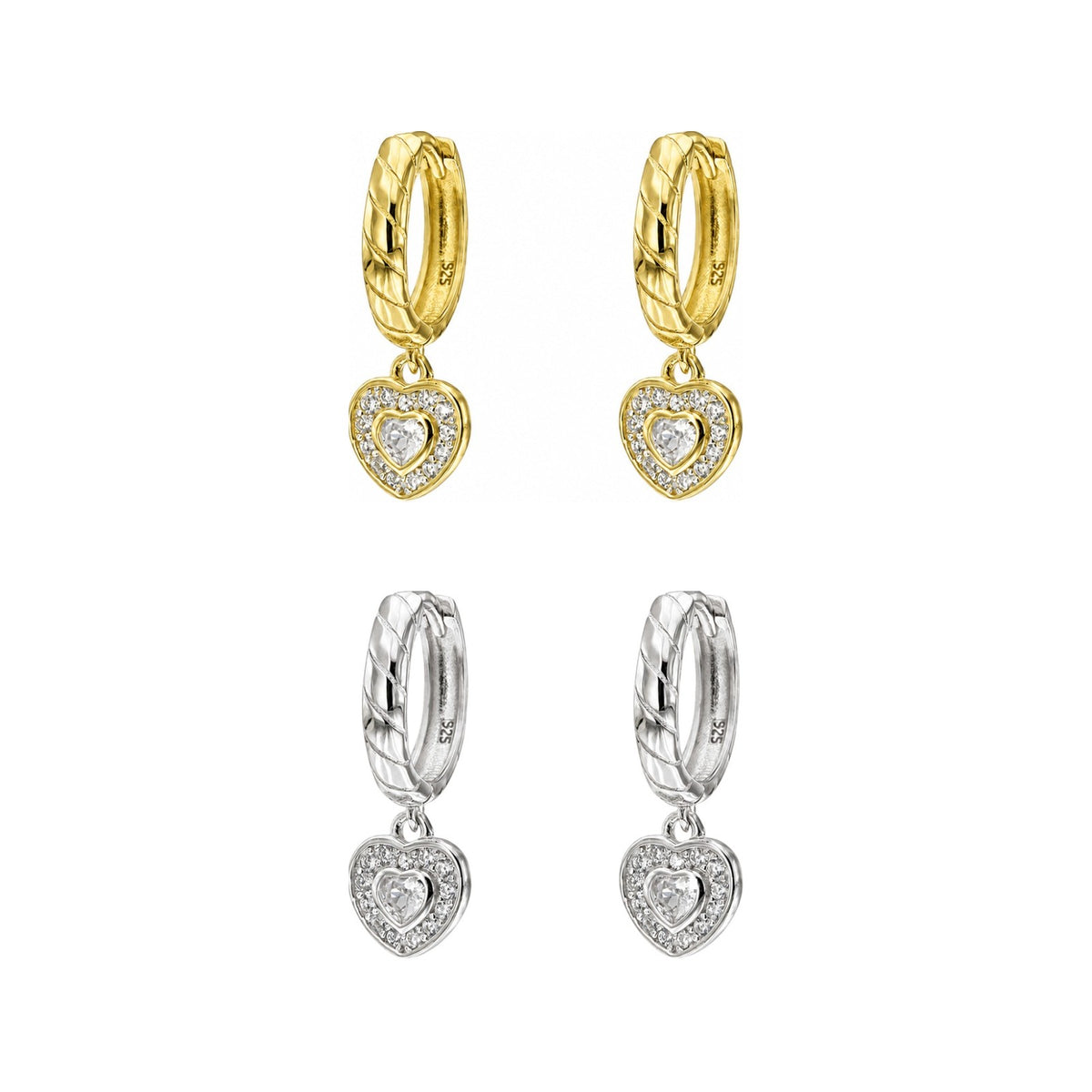 Criollas de plata de ley 925 labradas con un corazón de circonitas colgando, 20 mm de largo
