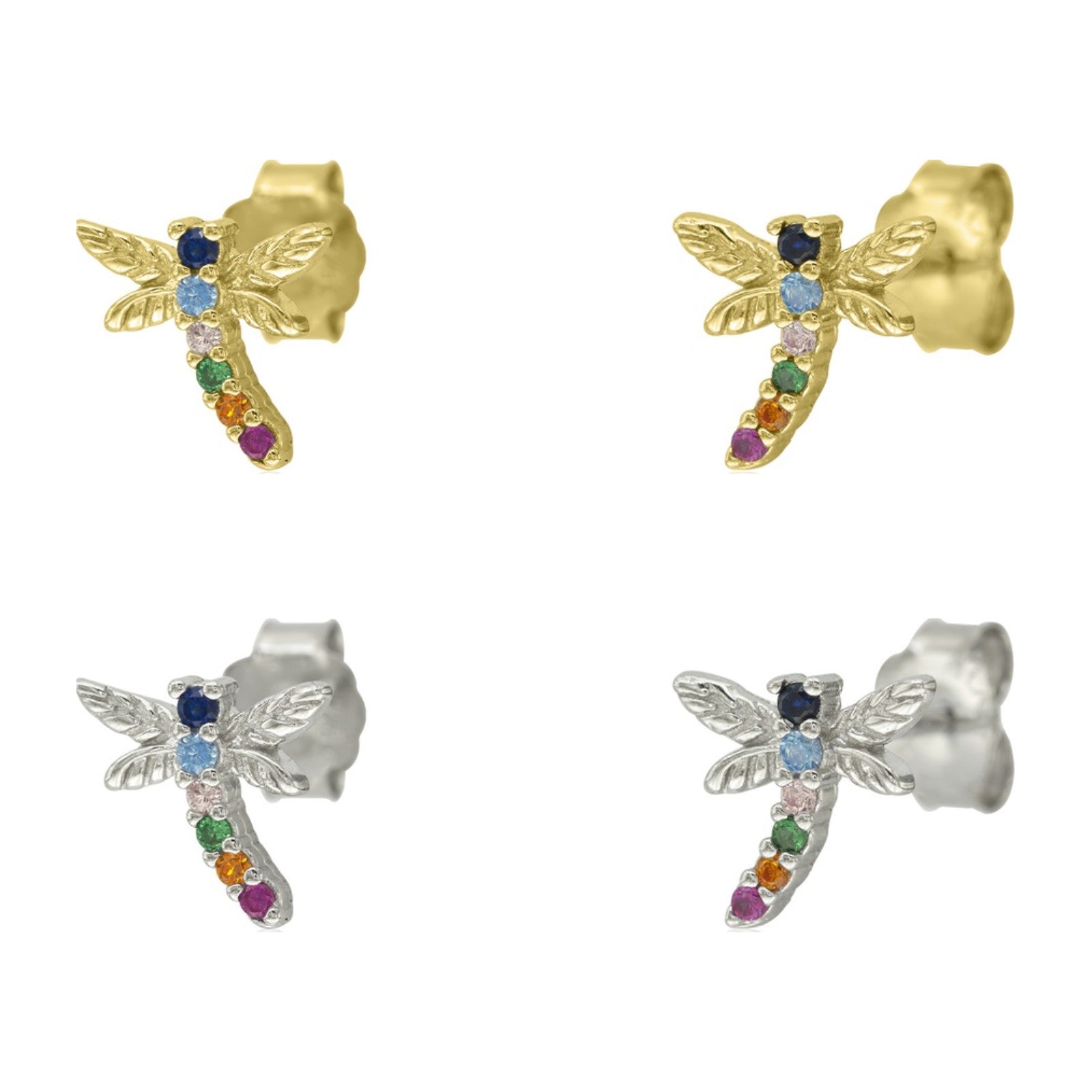 Pendientes de presión de plata de ley 925 con libélula de circonitas de colores, 7,9 mm
