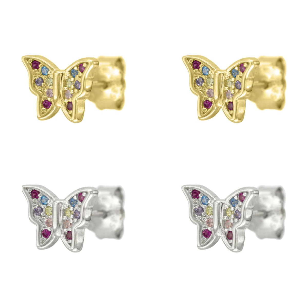 Pendientes de presión de plata de ley 925 con mariposa de circonitas de colores, 9,2 mm