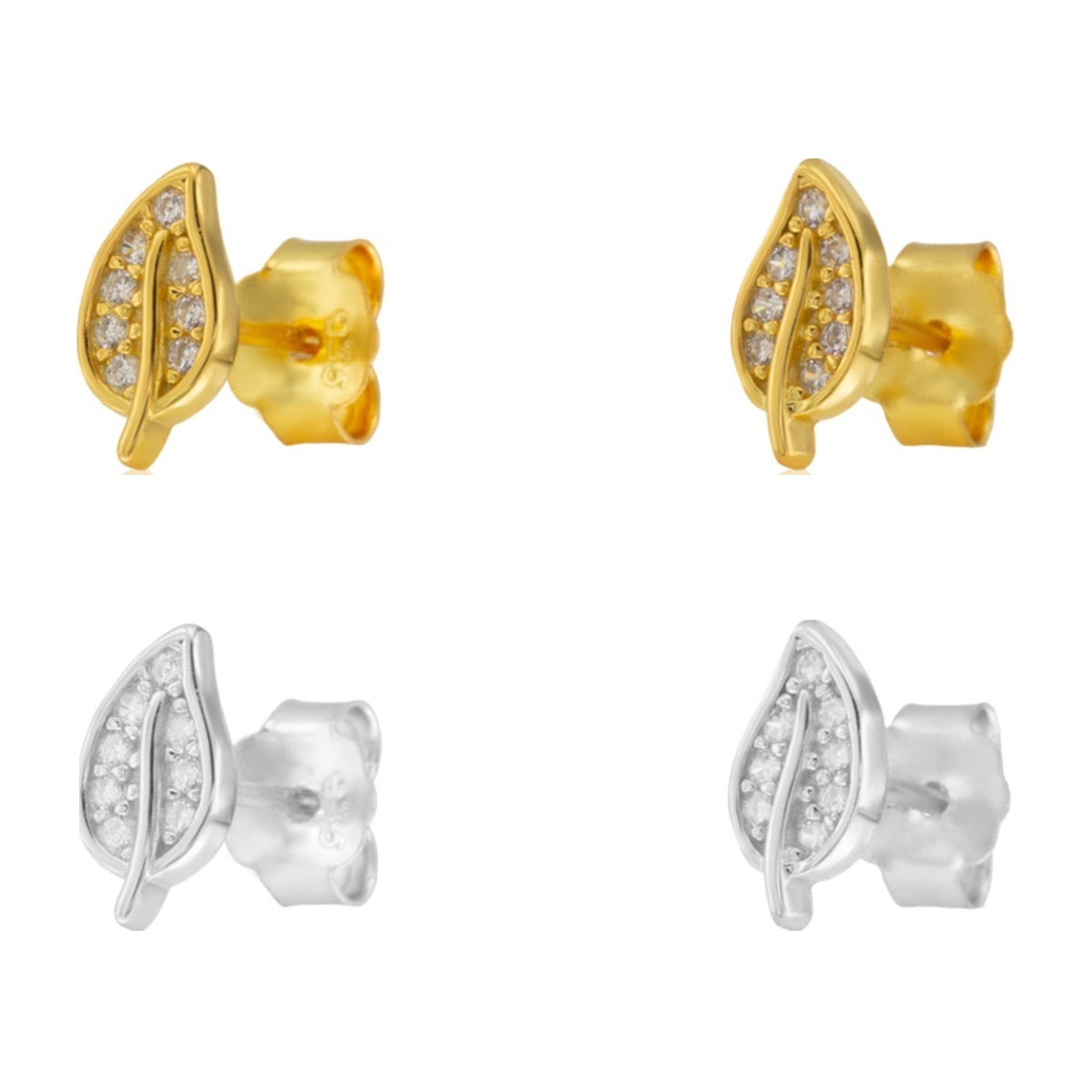 Pendientes de presión de plata de ley 925 con hoja de circonitas, 9 mm