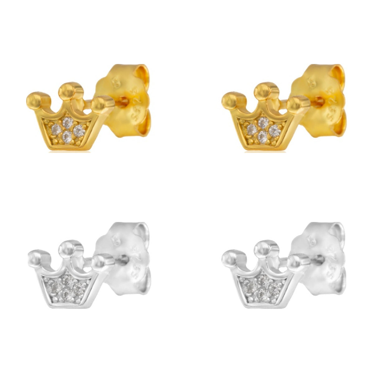 Pendientes de presión de plata de ley 925 con corona cuajada de circonitas, 7,5 mm