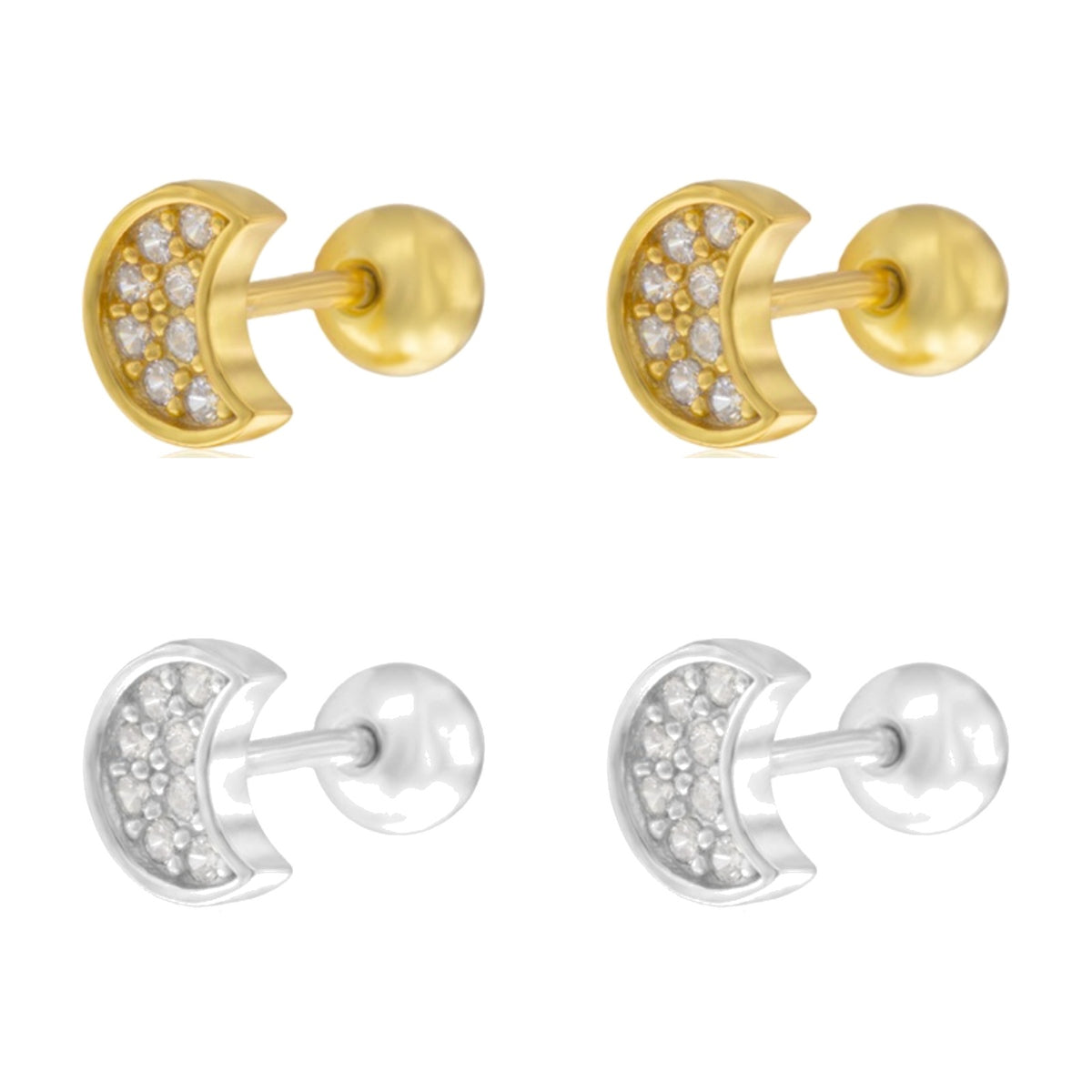 Piercing de oreja de plata de ley 925 con luna cuajada de circonitas, 6 mm