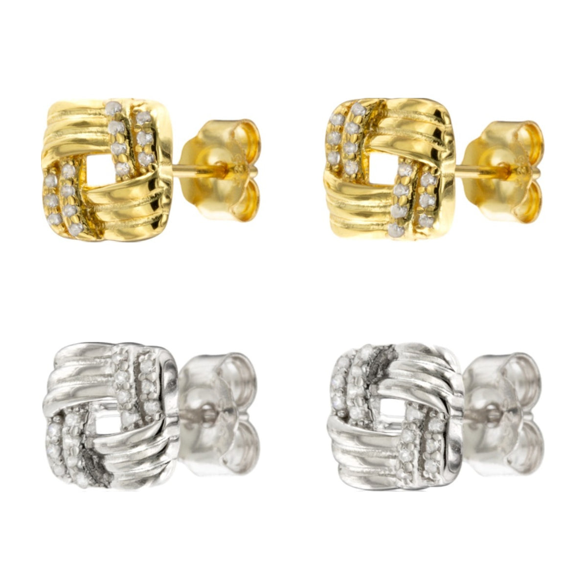 Pendientes de presión de plata de ley 925 con nudo cuadrado y circonitas, 8 mm