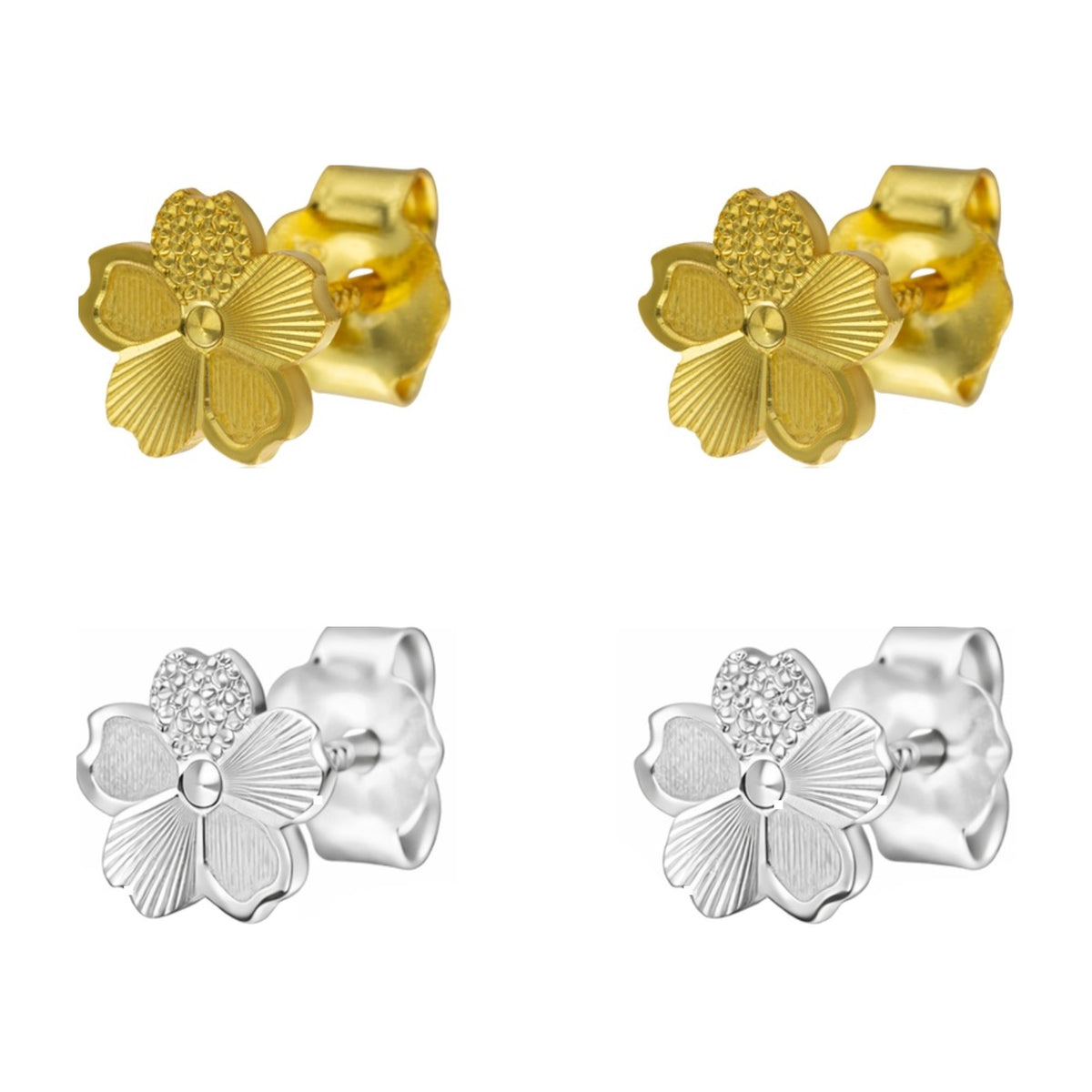 Pendientes de presión de plata de ley 925 con flor de cinco pétalos diamantada y satinada, 6,5 mm
