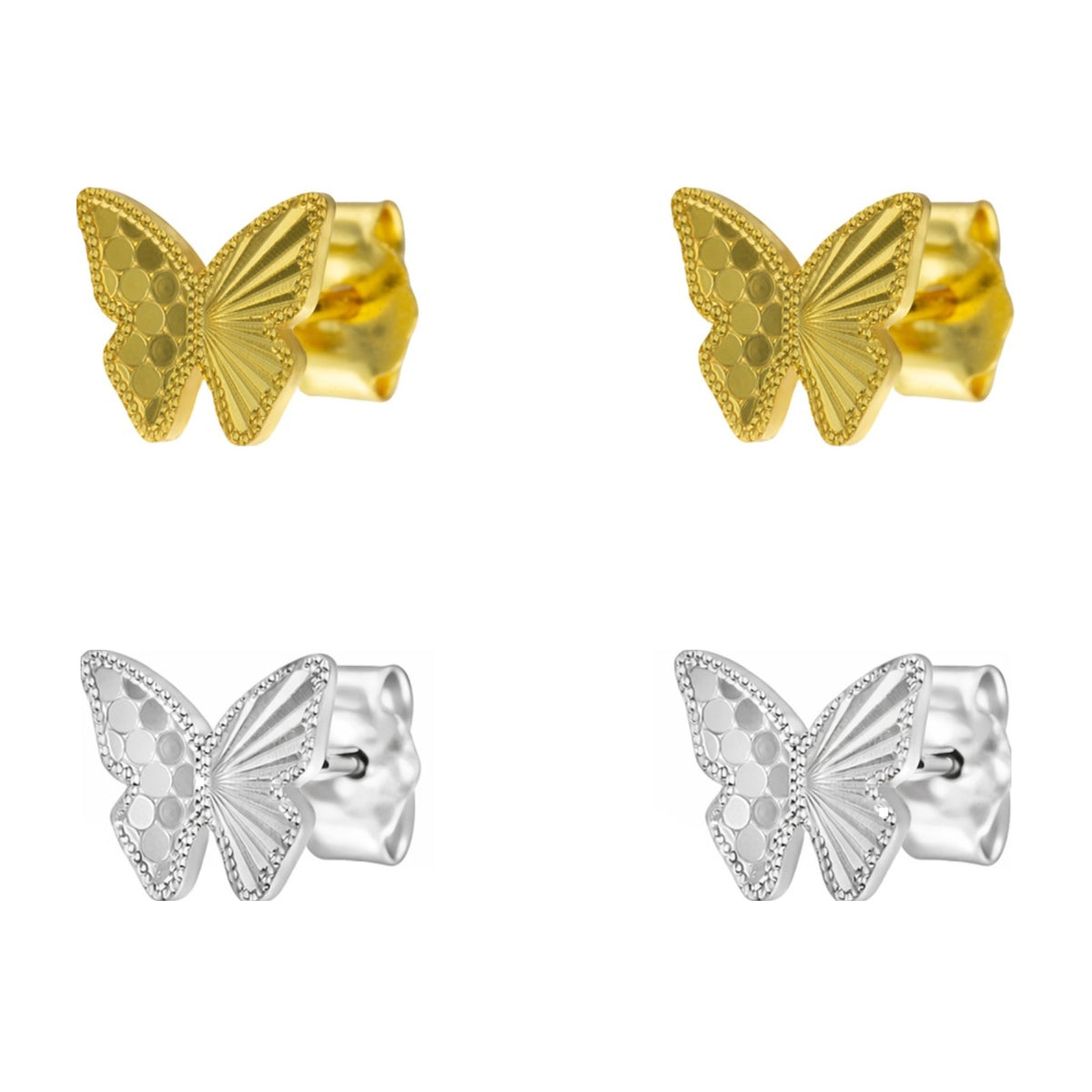 Pendientes de presión de plata de ley 925 con mariposa de acabado diamantado, 8 mm