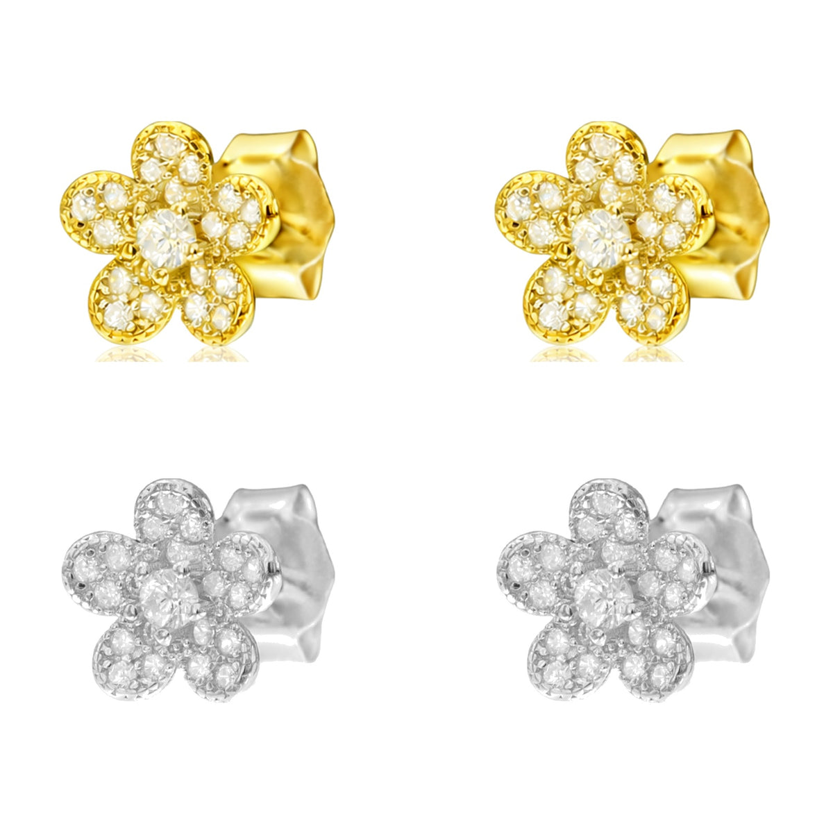Pendientes de presión de plata de ley 925 con flor de circonitas y borde graneteado, 8 mm