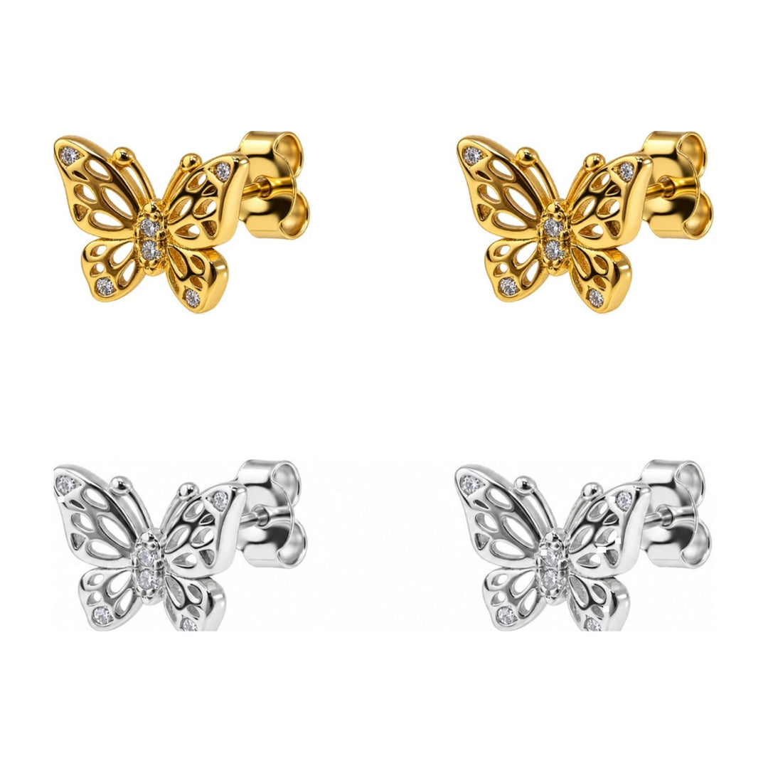 Pendientes de presión de plata de ley 925 con mariposa calada y circonitas blancas