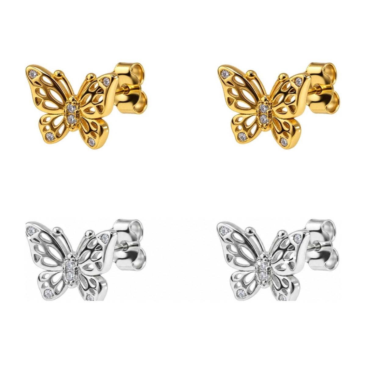 Pendientes de presión de plata de ley 925 con mariposa calada y circonitas blancas