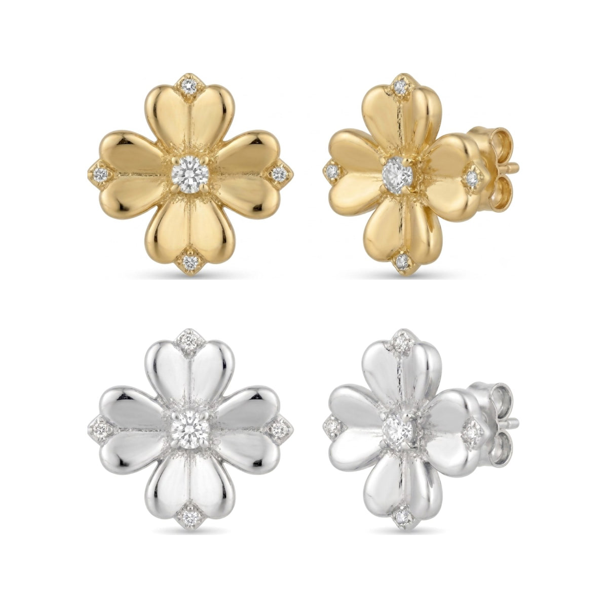 Pendientes de presión de plata de ley 925 con trébol de circonitas de 10 mm