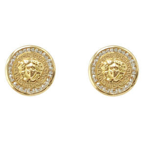 18K PENDIENTES ORO MEDUSA Y BORDE DE CIRCONITAS Y GRECA