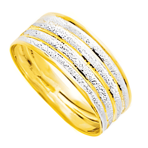 Anillo de oro 18k bicolor plano estrecho liso con tiras matizadas