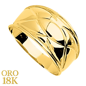 Anillo oro 18k plano ancho bicolor con líneas geométricas