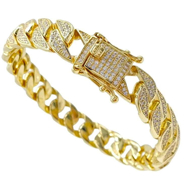 Pulsera chapada en oro cubana de plata de ley 925 con cierre microengaste iced