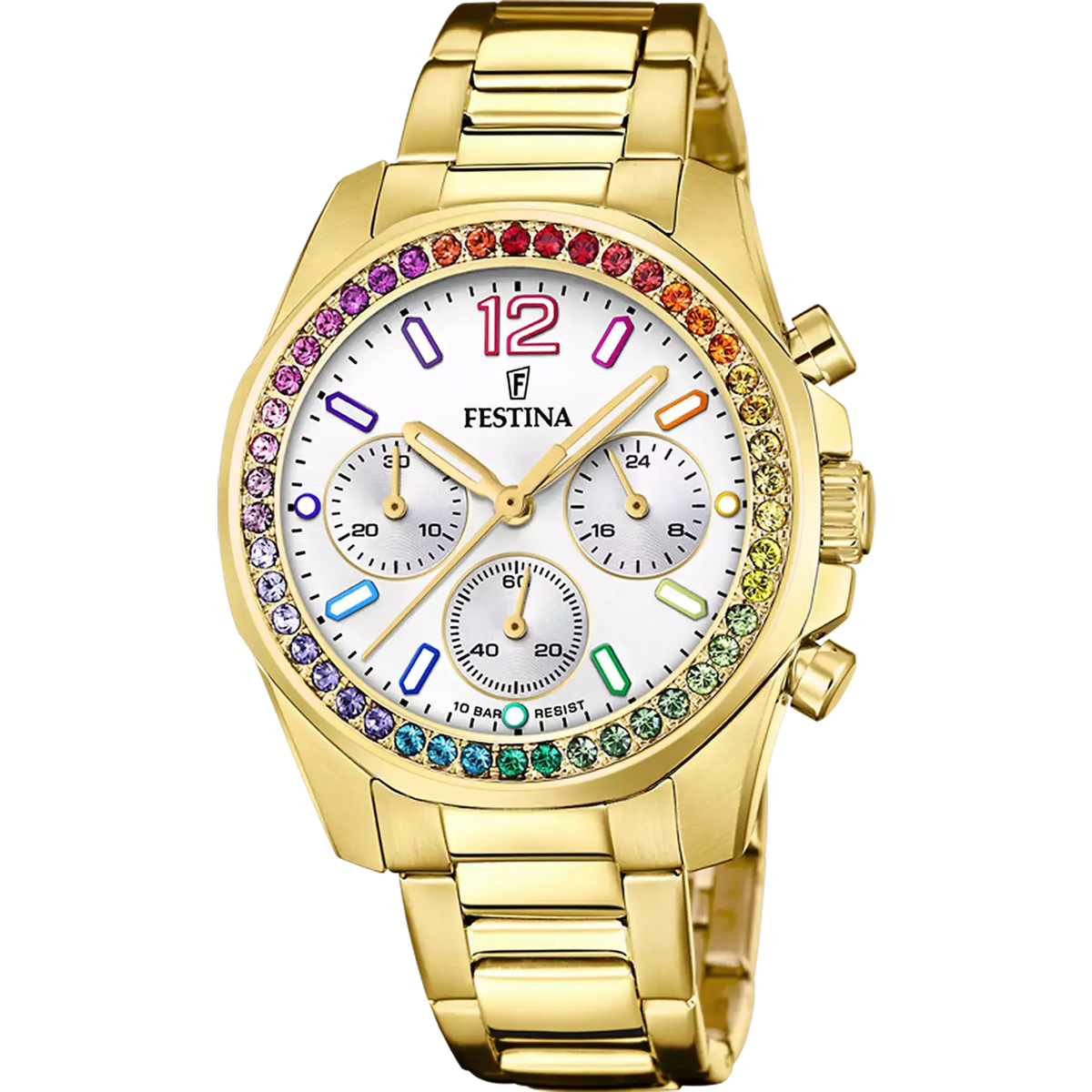 RELOJ festina de la colección rainbow para mujer esfera blanca y circonitas de colores