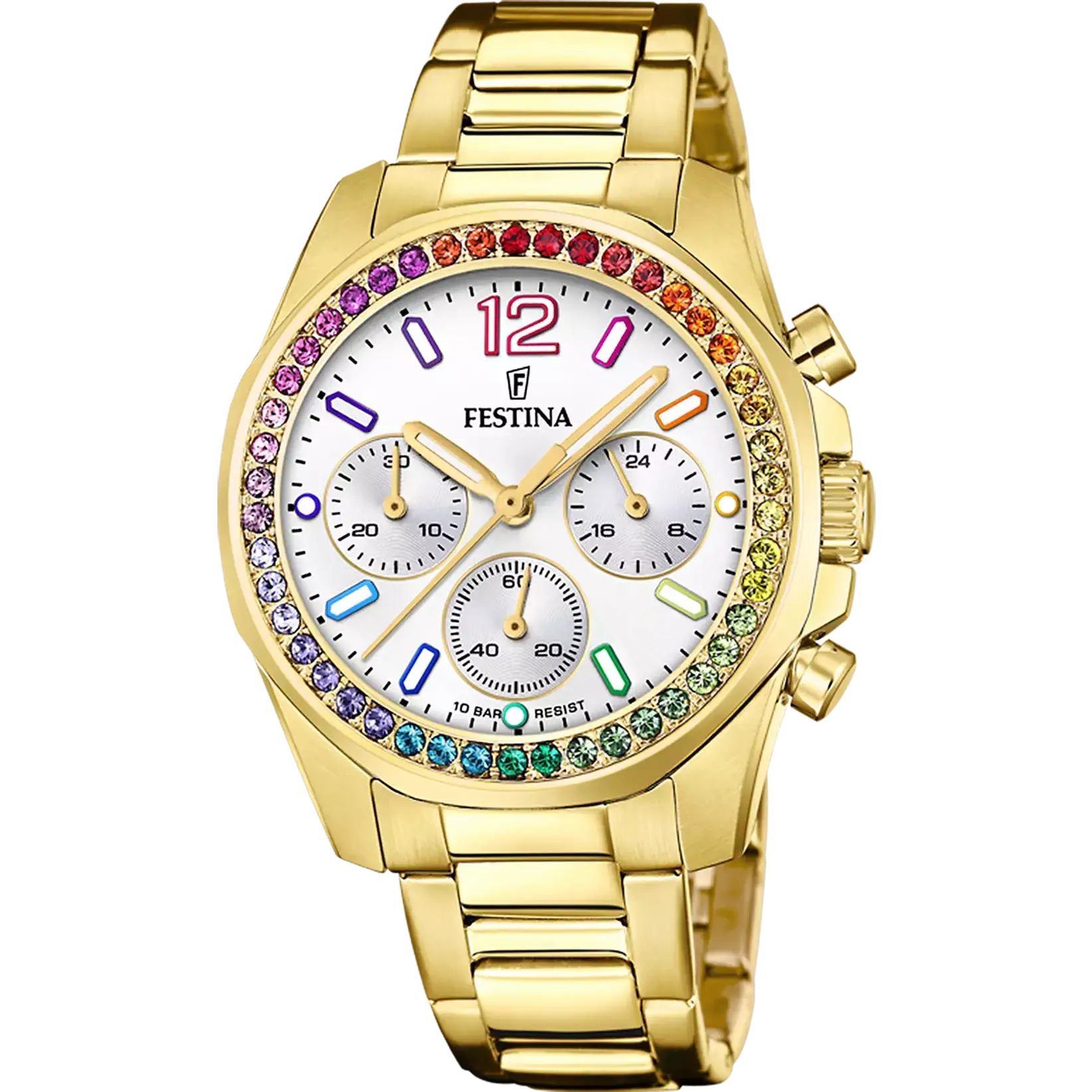 RELOJ festina de la colección rainbow para mujer esfera blanca y circonitas de colores