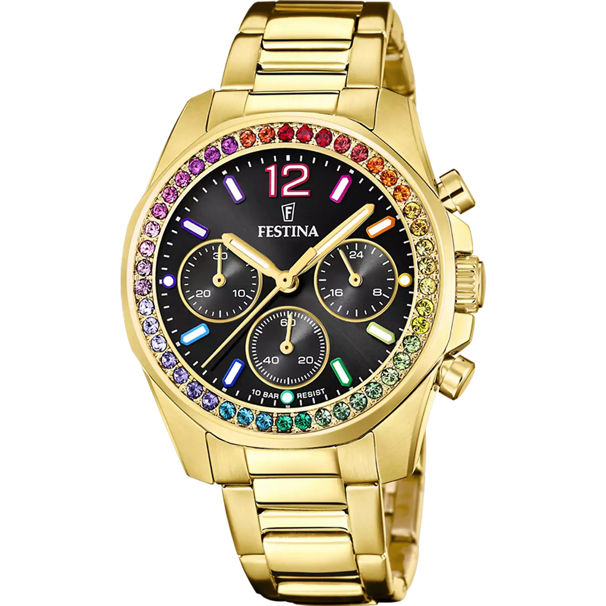 RELOJ festina de la colección rainbow para mujer esfera negra y circonitas de colores