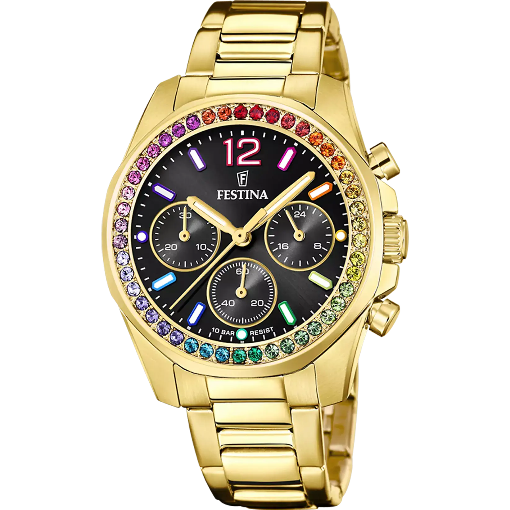 RELOJ festina de la colección rainbow para mujer esfera negra y circonitas de colores
