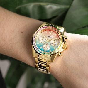 RELOJ festina de la colección rainbow para mujer esfera multicolor y circonitas de colores mano
