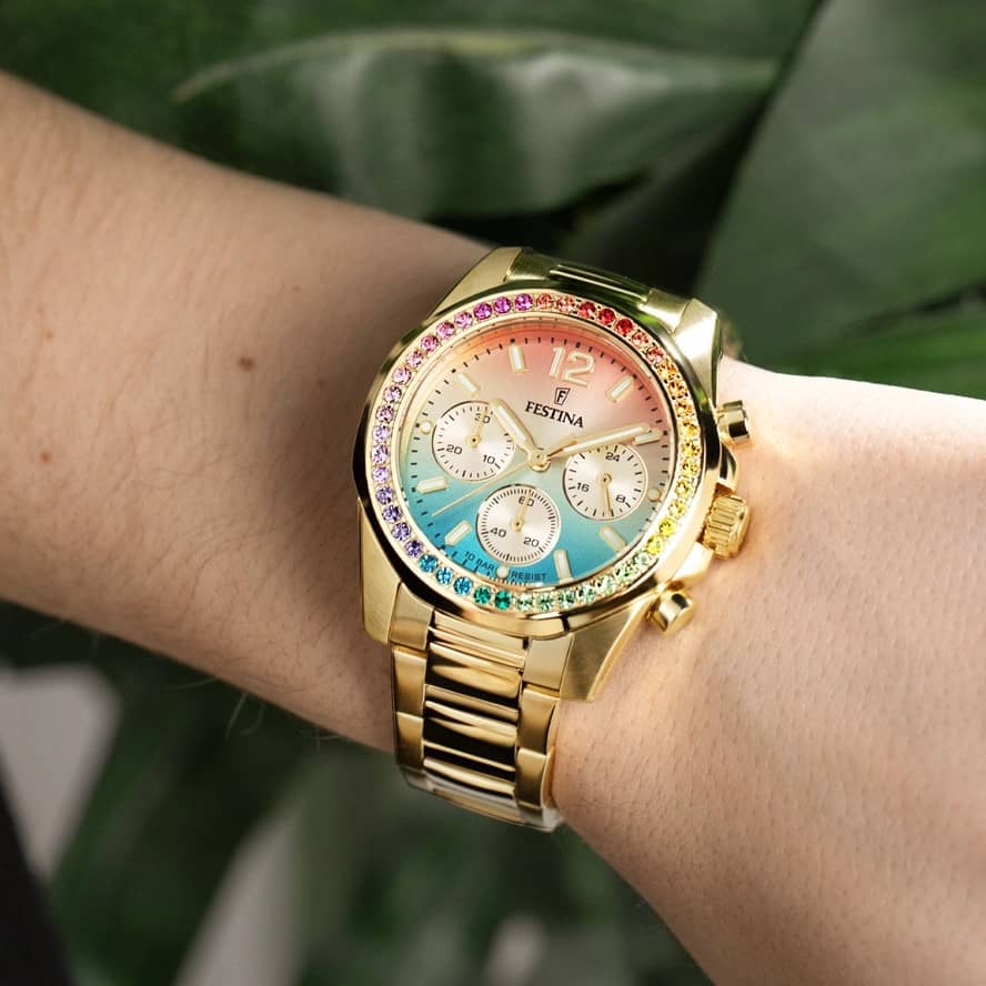 RELOJ festina de la colección rainbow para mujer esfera multicolor y circonitas de colores mano