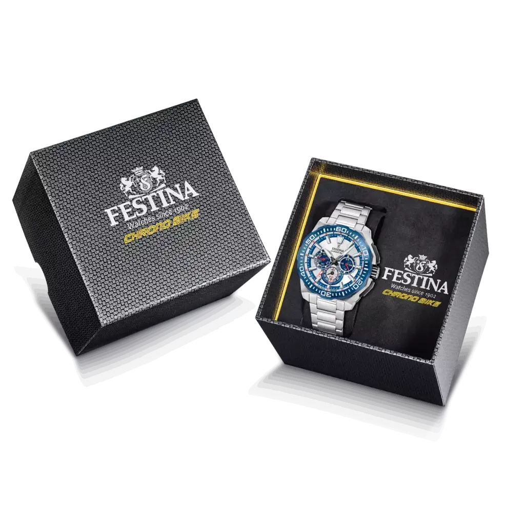 RELOJ festina chrono bike con esfera plateada y bisel azul caja