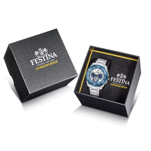 RELOJ festina chrono bike con esfera plateada y bisel azul caja