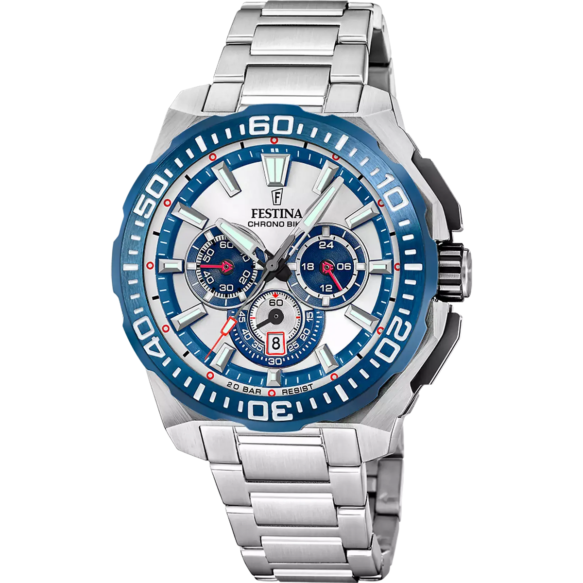 RELOJ festina chrono bike con esfera plateada y bisel azul