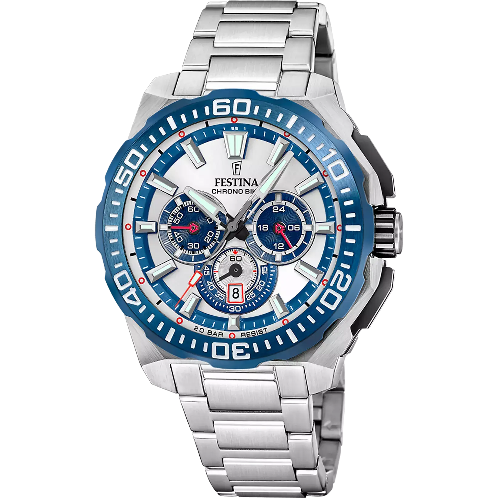RELOJ festina chrono bike con esfera plateada y bisel azul