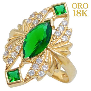 Anillo oro 18k tipo lanzadera grande piedra verde
