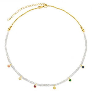Gargantilla choker plata 925 chapada en oro con miniperlas y circonitas de colores. Ajustable 34-41 cm