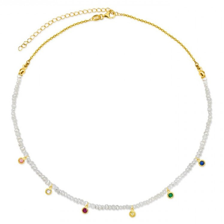 Gargantilla choker plata 925 chapada en oro con miniperlas y circonitas de colores. Ajustable 34-41 cm