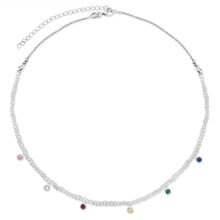 Gargantilla choker plata 925 con rodio, miniperlas y círculos de piedras de colores. Ajustable 34-41 cm