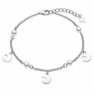 Pulsera de plata fina con colgantes en forma de luna y perlitas