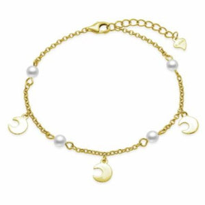 Pulsera de plata fina con colgantes en forma de luna y perlitas chapada en oro