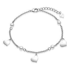 Pulsera de plata fina con colgantes en forma de corazón y perlitas