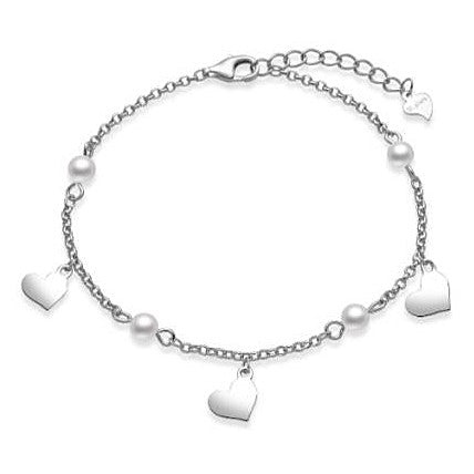 Pulsera de plata fina con colgantes en forma de corazón y perlitas