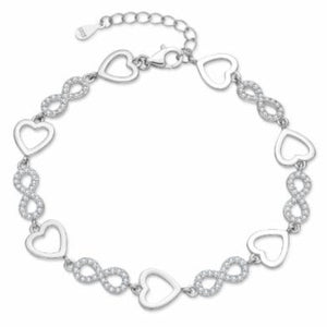 Pulsera de plata fina con figuras de infinito y corazón