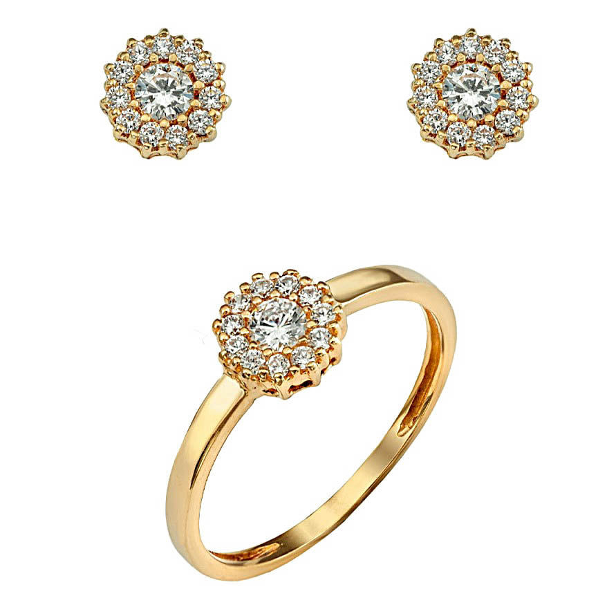 Conjunto de oro de 9 kilates rosetón circonitas cierre presión