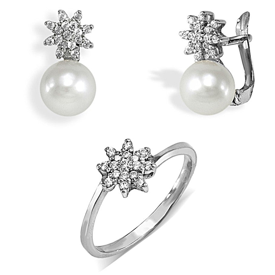 Conjunto para niña comunión en oro blanco 18k cierre catalán con pendientes tu y yo de perla