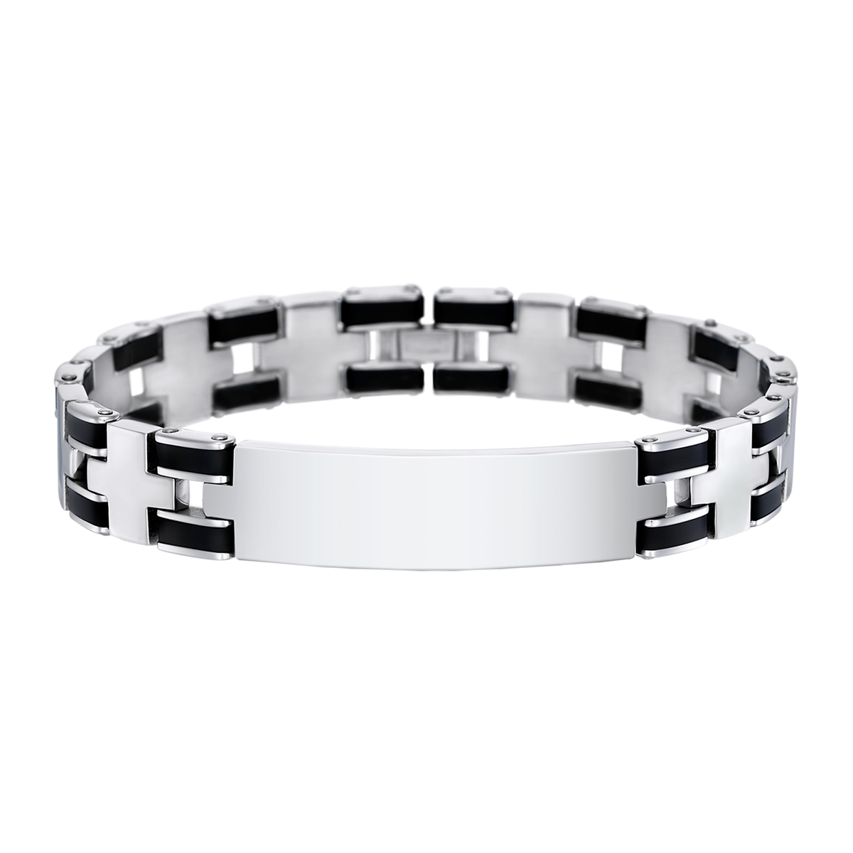 Pulsera Lotus Style LS1177-2/4 de eslabones con placa grabable y detalles negros en acero inoxidable