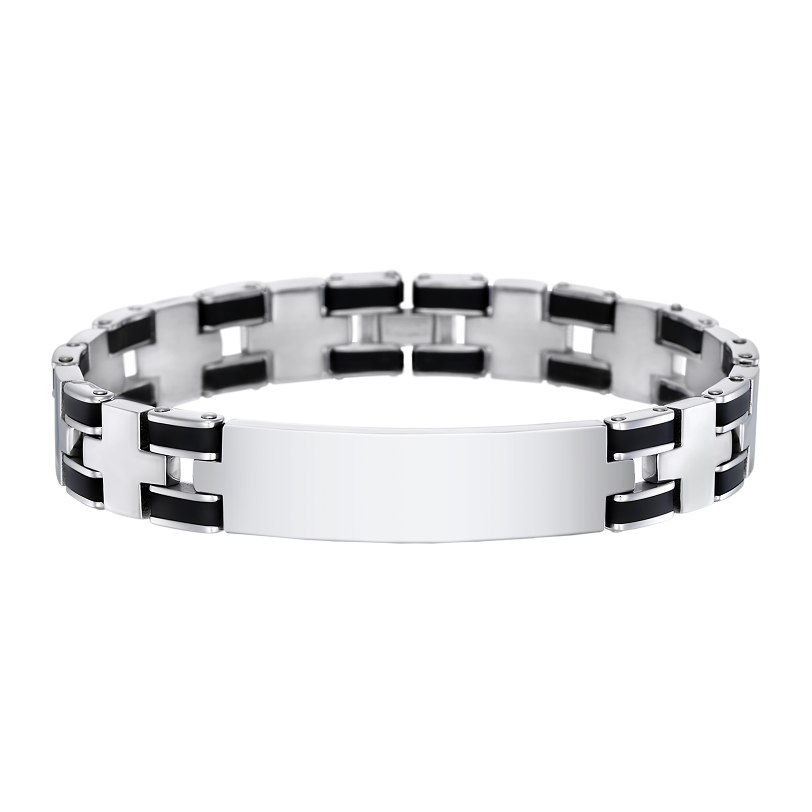 Pulsera Lotus Style LS1177-2/4 de eslabones con placa grabable y detalles negros en acero inoxidable