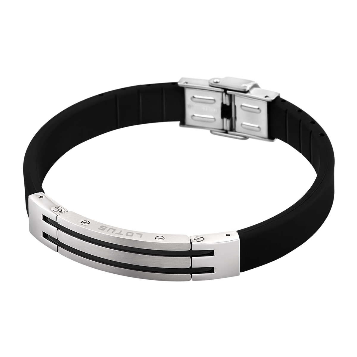 Pulsera Lotus Style LS1521-2/2 con placa de acero rayada en caucho negro y acero inoxidable