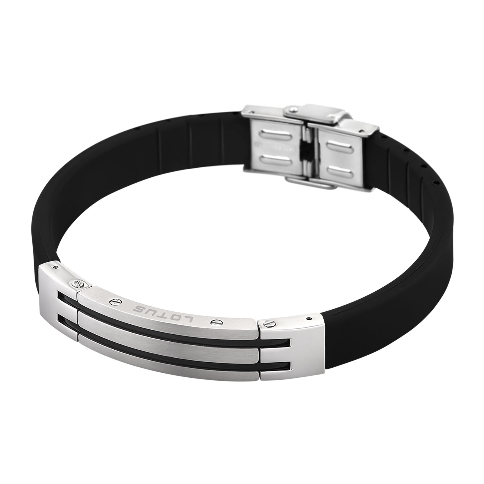 Pulsera Lotus Style LS1521-2/2 con placa de acero rayada en caucho negro y acero inoxidable