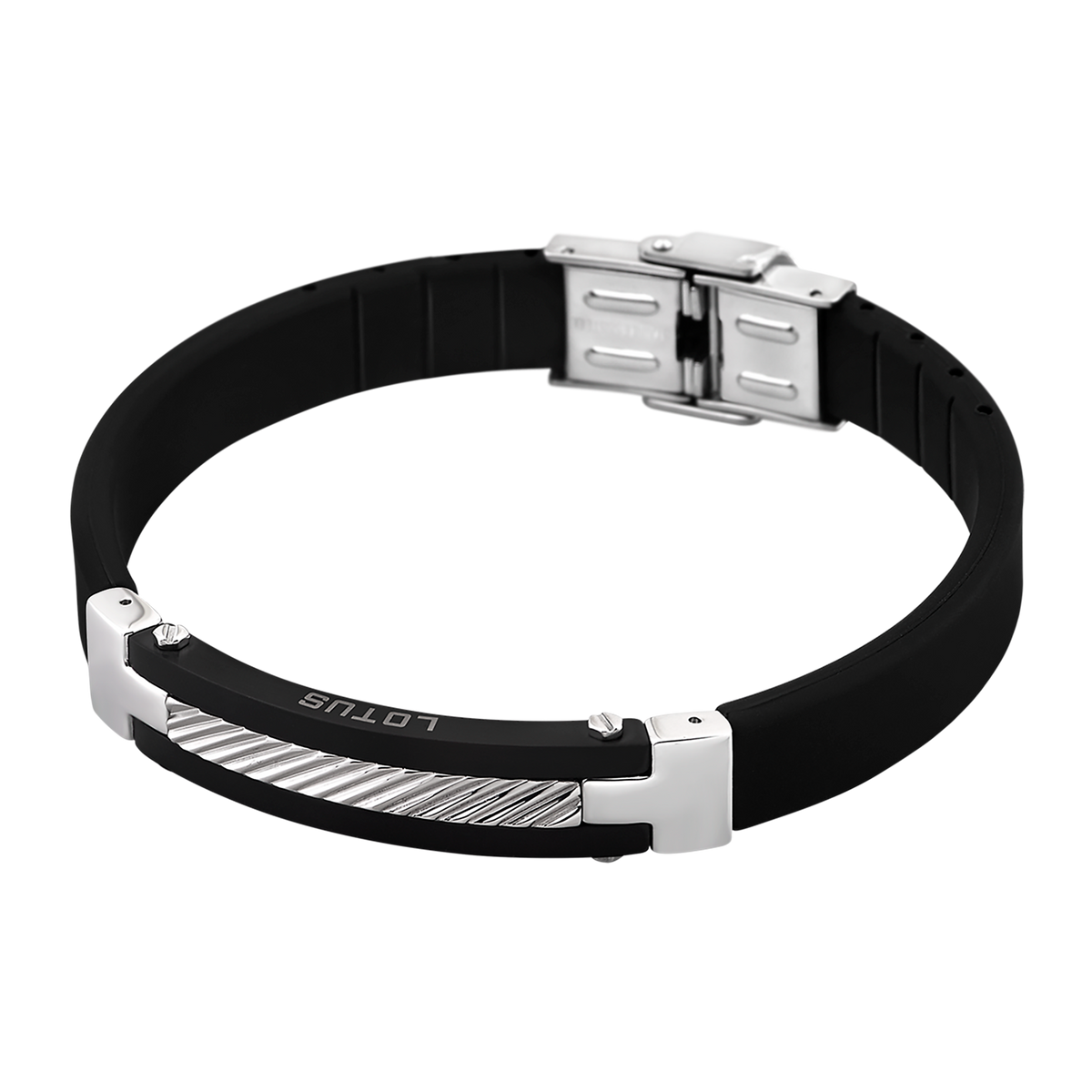 Pulsera Lotus Style LS1522-2/2 con placa de acero y cable en caucho negro y acero inoxidable
